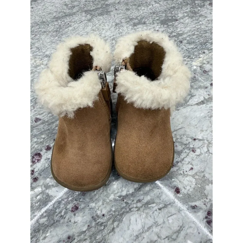 UGG Baby Mallya Boot Chestnut Suede with Fur Collar Western Eskimo Size 2/3